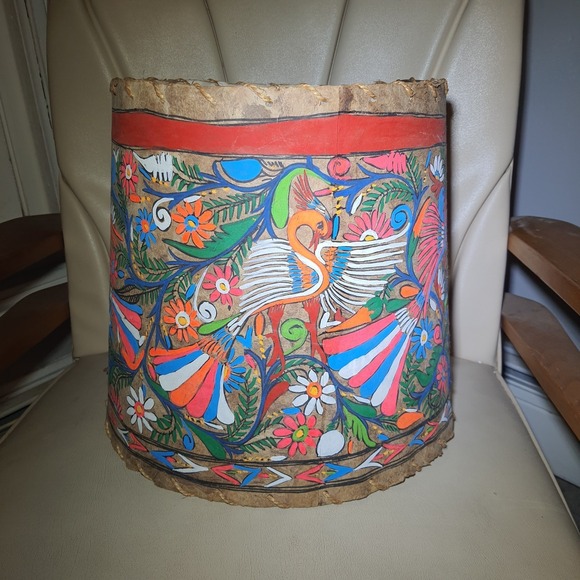 Vintage Mexico Amate Bark Painting Vibrant Colorful Birds Painted Lamp Shade